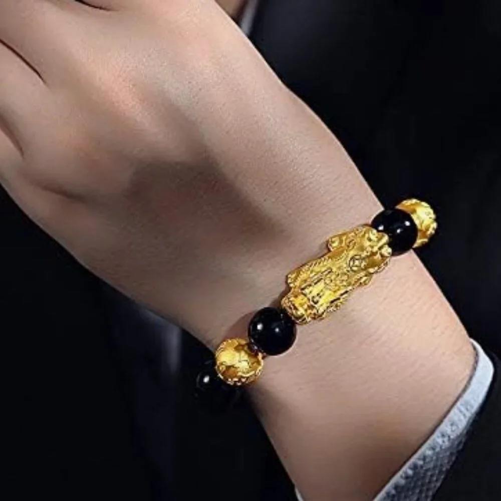 2 Feng Shui Wealth Bracelet Set - Gold Black Pixiu for Good Luck and Prosperity